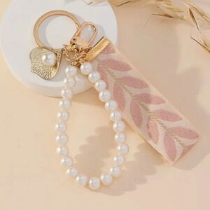Keychain - Faux Pearl with embroidered armband - NEW - Pink & Gold Tone